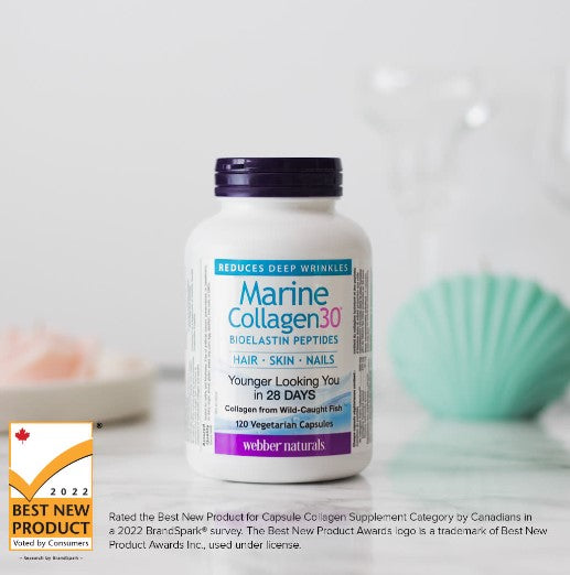 Webber Naturals Marine Collagen30® Bioelastin Peptides 120 Vegetarian Capsules Best New Product Canada