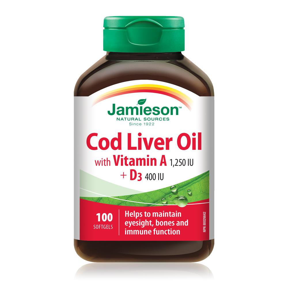 Bottle of Jamieson Cod Liver Oil with Vitamin A and D3 on a white background order from Canada