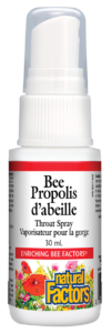 Bottle of Natural Factors Bee Propolis Throat Spray, 30ml with a white and red label, indicating that it relieves sore throat and has antioxidant properties.