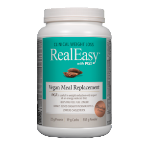 A container of Natural Factors RealEasy with PGX Vegan Meal Replacement in chocolate flavor, 855g size.