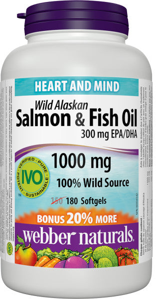 A bottle of Webber Naturals Wild Alaskan Salmon & Fish Oil, 1000 mg, with 180 softgels. The label indicates it includes a bonus of 20% more softgels and that the product is 100% Wild Source.