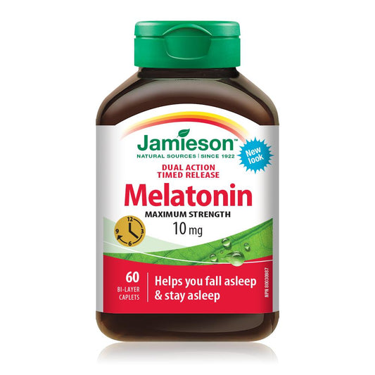 Bottle of Jamieson Melatonin Maximum Strength 10 mg on a white background 褪黑激素 Canadian label